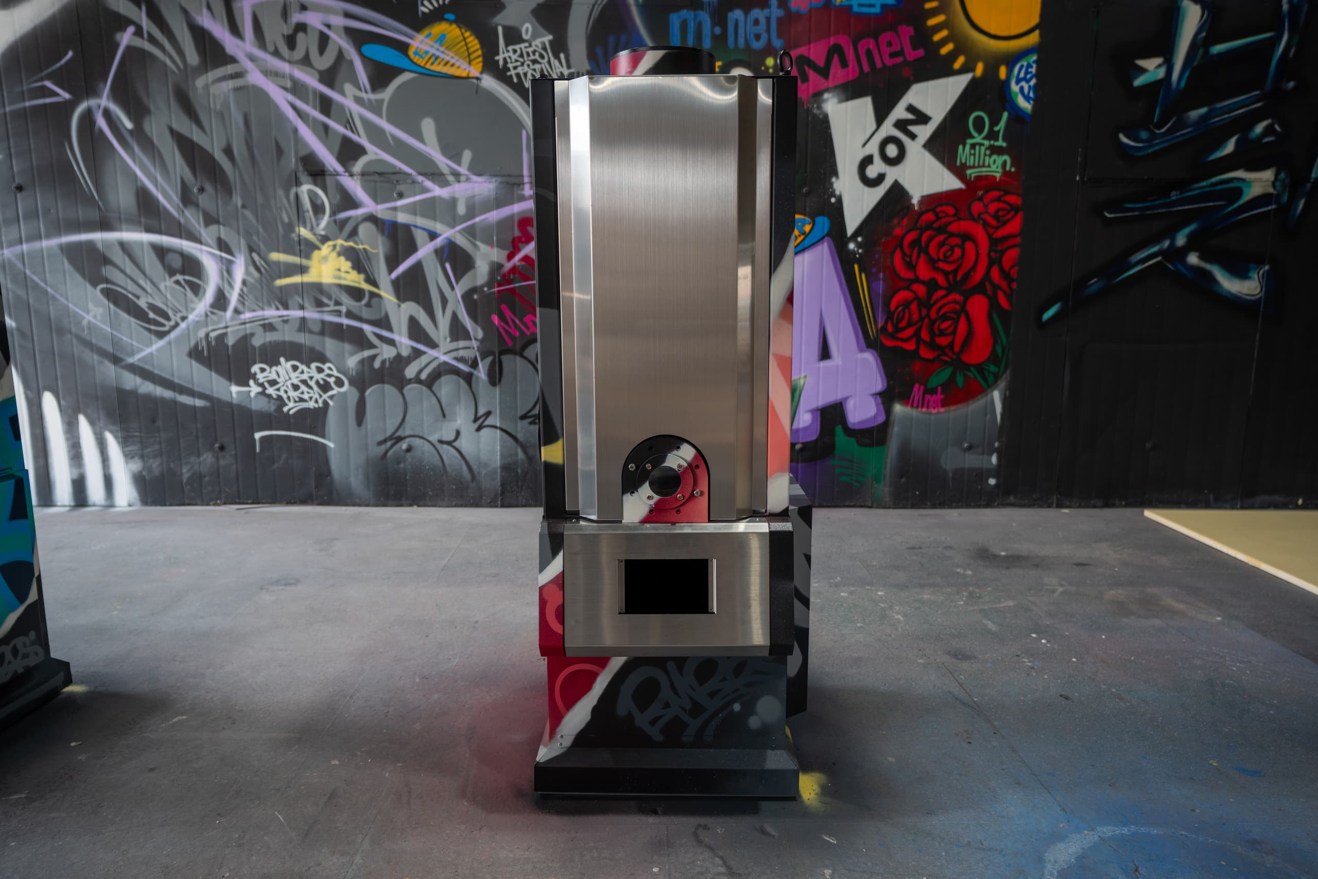 A city roastery with visible roof ducting